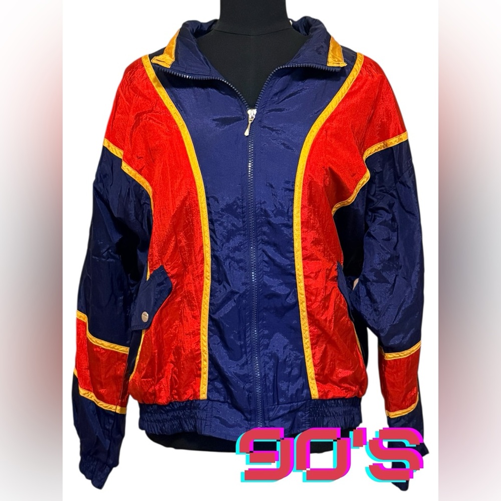 Vintage Retro Athletic Works Navy and Red Track Windbreaker Jacket